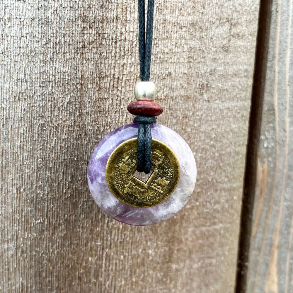 Amethyst Crystal Gemstone Handmade Necklace with Lucky Coin - Picture 3 of 5